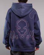 Rückansicht des Hoodies mit großem, mittig platziertem Linienmotiv in Rosa. Die Illustration zeigt ein stilisiertes, lächelndes Gesicht in Wasserlinienoptik, flankiert von beiden Händen mit ausgestreckten Fingern, die ebenfalls aus geschwungenen Linien bestehen.