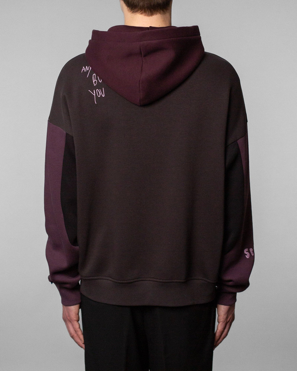 Rückansicht des Hoodies mit einfarbig dunklem Rückenbereich. Auf der Schulterpartie ist in heller, handschriftlicher Schrift der Text „ANYONE BUT YOU“ in drei Zeilen aufgestickt. Die Kapuze ist weinrot.