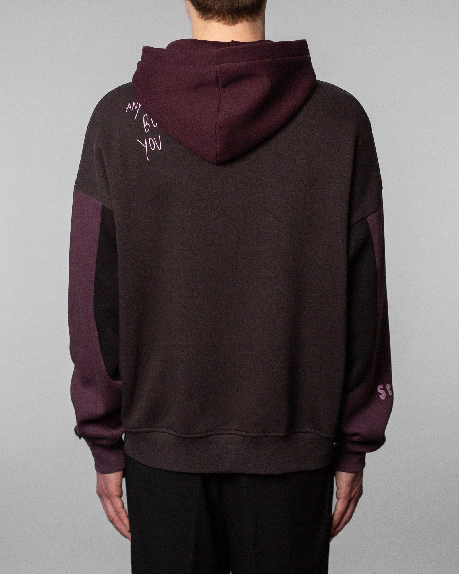 Rückansicht des Hoodies mit einfarbig dunklem Rückenbereich. Auf der Schulterpartie ist in heller, handschriftlicher Schrift der Text „ANYONE BUT YOU“ in drei Zeilen aufgestickt. Die Kapuze ist weinrot.